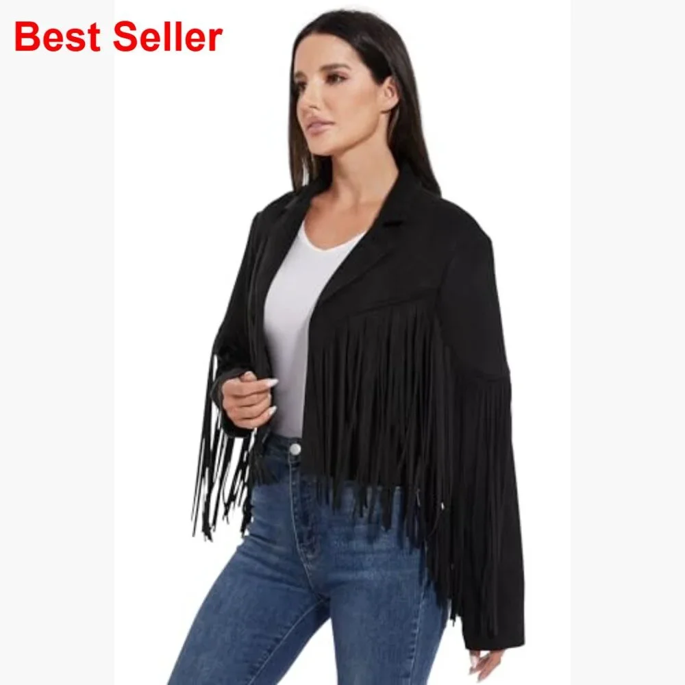 Fringe Faux Suede Cropped Jacket Western Cowgirl Coat - Picture 3 of 7